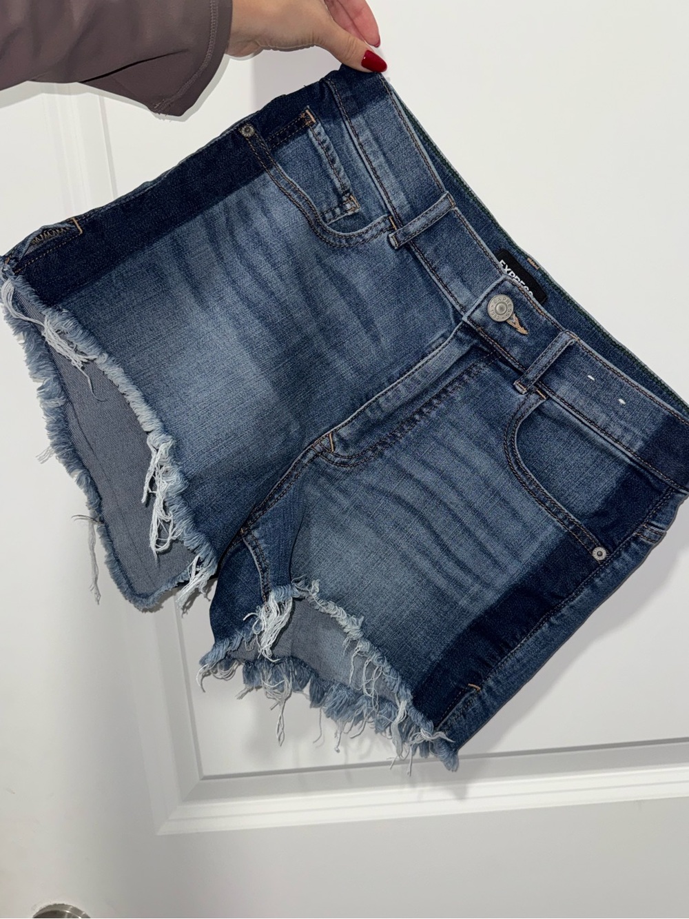 Express Dark Wash Frayed Hem Women’s Denim Shorts